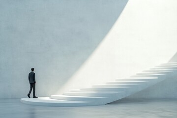 Obraz premium A person ascends a winding staircase in a sleek, minimalist environment with soft natural light illuminating the space.. concept of transition to a higher level