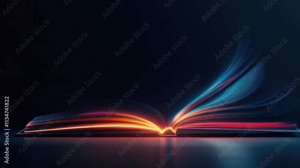 Poster a book with pages that glow brightly, emitting a spectrum of colors, sits open in a dark setting. th