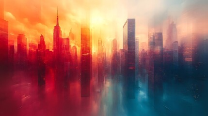 Abstract cityscape fluid flowing skyscrapers blending into horizon in a dynamic organic motion