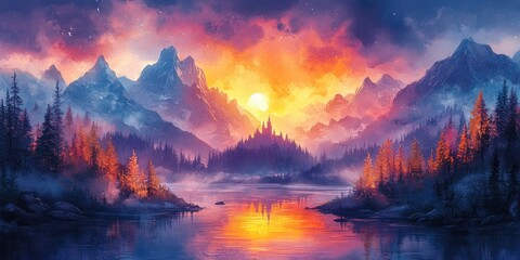 Obraz premium Fantasy Castle Landscape with Mountains and Fairy Forest in Watercolor Dreams