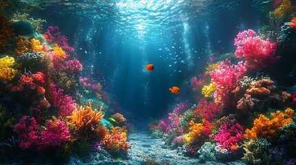 Fototapeta premium A serene underwater world with glowing coral reefs and exotic fish, vibrant colors, ultra-realistic
