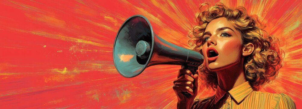 Dynamic Woman with Curly Hair in Stripes Shouting into Turquoise Megaphone on Vibrant Sunburst Background