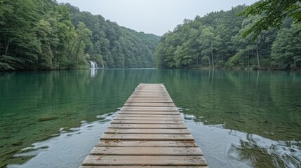 Naklejka premium Serene lake with wooden dock, lush green forest background.