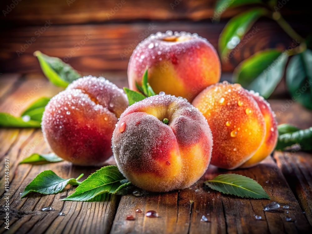 Poster captivating close-up of peach fluff with dew drops highlighting the velvety texture and softness of 