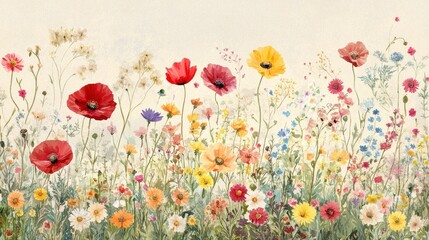 Fototapeta premium Vibrant wildflowers in a summer meadow, painted in watercolor style.