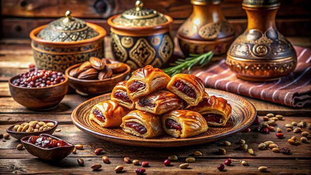 Captivating Close-Up of Traditional Turkish Mamul Dessert Filled with Sweet Date Fruit, Showcasing its Flaky Texture and Rich Cultural Heritage in a Rustic Setting