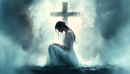 Obraz premium Woman in White Dress Kneeling in Prayer Before Cross in Sky