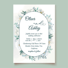 Winter floral wedding invitation template with white flowers in watercolor