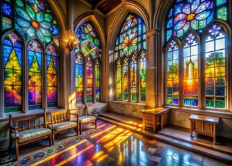 Obraz premium Captivating Colorful Light Reflections from Stained Glass Windows in a Building Interior Evoking a Sacred and Serene Atmosphere for Spiritual and Architectural Photography