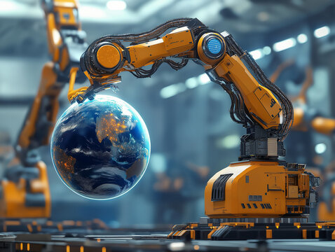 Roboterarme halten die Erde in einer futuristischen Umgebung

