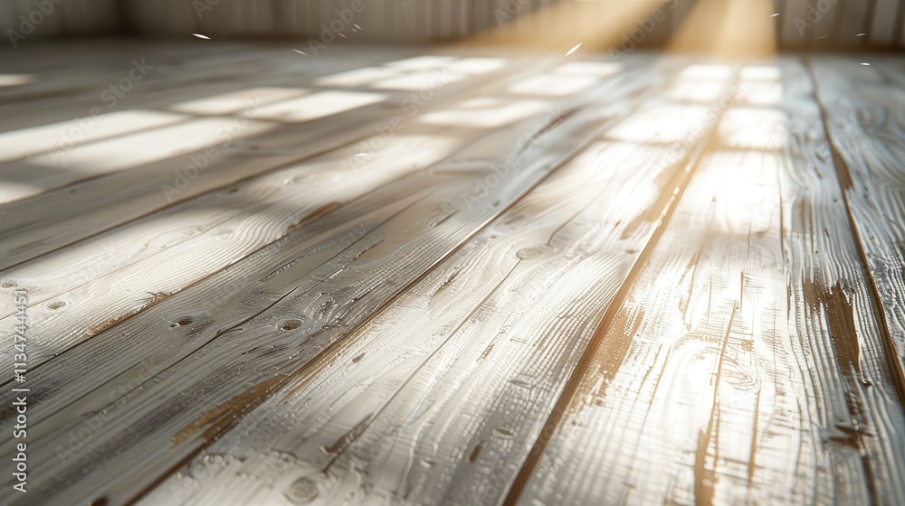 Poster a sunlit wooden floor with soft shadows, creating a warm and inviting atmosphere.