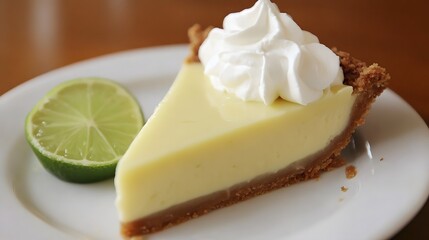 A slice of key lime pie with a graham cracker crust