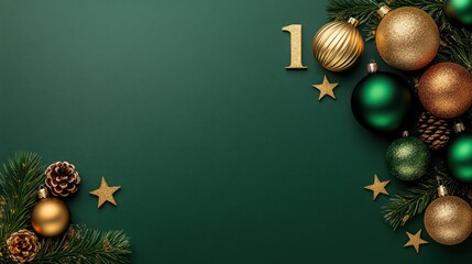 New Year's Celebration: Festive Green & Gold Composition with Ornaments and Stars on Green Background