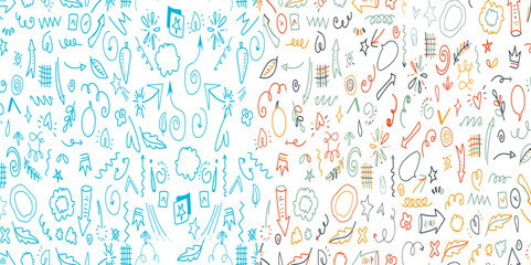 Colorful memphis doodle pattern background with a teal background, featuring vibrant abstract doodle shapes and patterns.