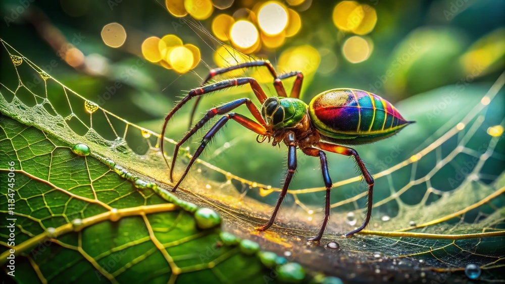 Poster captivating conceptual photography of the unique chrysillas sp spider in a vibrant forest setting, s