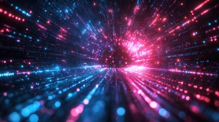 Naklejka premium Futuristic Technology Background with Neon Light Trails in Cyberspace Digital Landscape