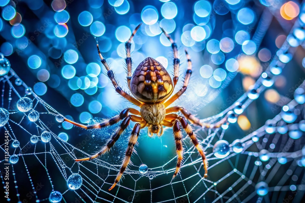 Poster captivating cross spider on dew-laden web: a magical morning scene with bokeh effects and partial bl