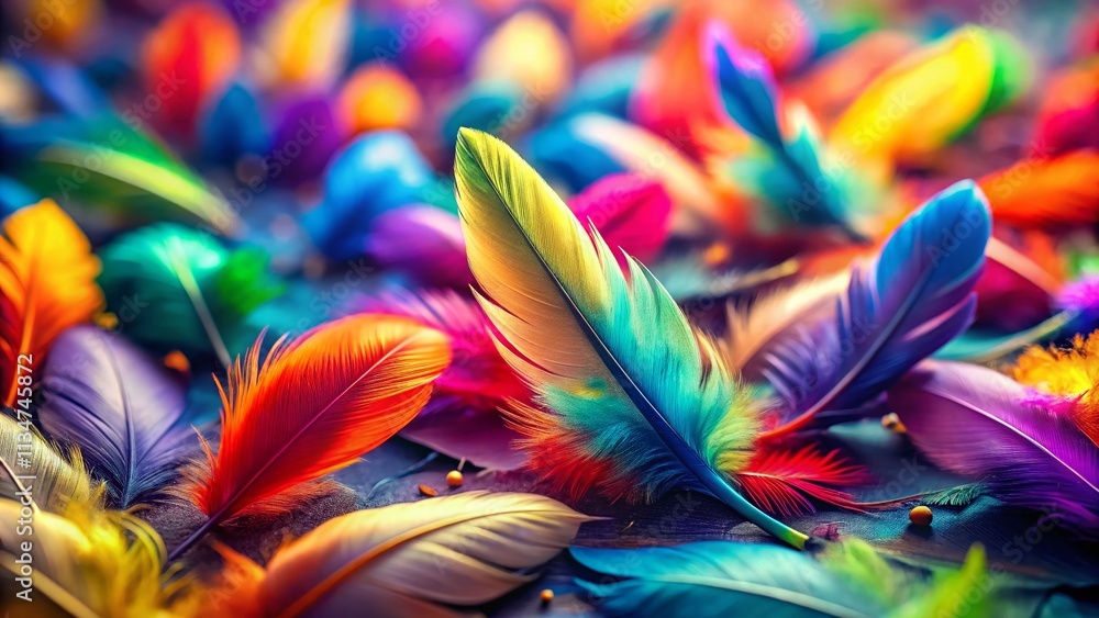 Poster captivating display of colorful feathers with tilt-shift effect, showcasing nature's vibrant palette