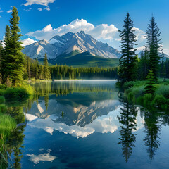 Naklejka premium Serenity in Nature: Pristine Mountain Lake with Reflective Waters Surrounded by Lush Pine Trees and Snow-Capped Peaks
