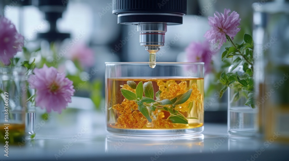 Aufkleber a close-up of a microscope over a glass container with botanical extracts and flowers.