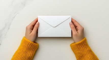 Female hands holding open envelope with white card in yellow sweater - Top view isolated on white background with space
