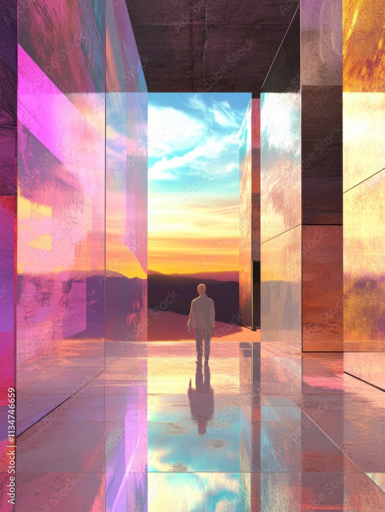 Poster Visitors interact with stunning virtual art pieces in a gallery featuring bright colors and a mesmerizing sunset backdrop. Generative AI