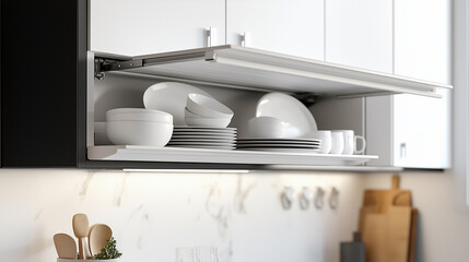 Modern overhead kitchen cabinet with pull-down shelf system for plates, bowls, and mugs. White metal shelving with non-slip surfaces and matte white finish, offering easy access and ergonomic design.