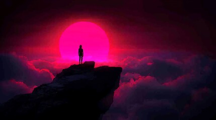 Fototapeta premium Silhouette of a woman on a clifftop at sunset, red sky, clouds.