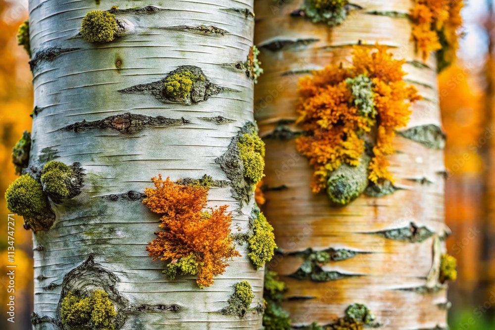 Poster captivating double exposure image of birch tree bark detailed with natural patterns and lichen growt