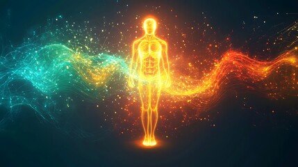 Glowing human figure with vibrant energy flows.