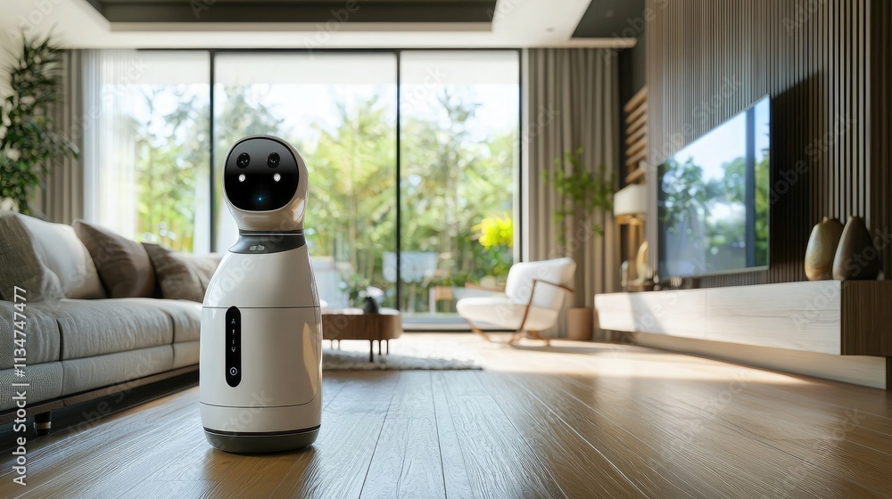 Poster An AI robot standing in a modern, smart home, interacting with the environment through voice control and sensors, demonstrating home automation. 