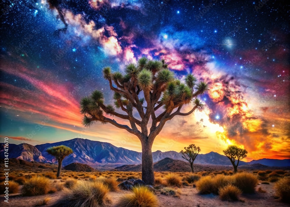 Poster captivating double exposure of a majestic joshua tree in the mojave desert blending with a starry ni