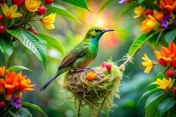 Captivating Double Exposure of a Green Nectar Bird Nesting Amidst Lush Flora and Vibrant Nature, Showcasing the Beauty of Wildlife and Habitat Interaction in Stunning Detail