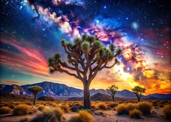 Captivating Double Exposure of a Majestic Joshua Tree in the Mojave Desert Blending with a Starry Night Sky and Colorful Sunset Hues Creating a Dreamlike Landscape