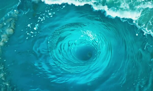 Turquoise Water Vortex with White Foam and Circular Waves