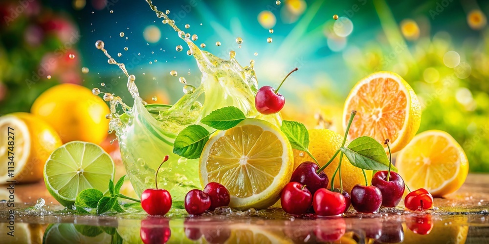 Poster captivating double exposure of a refreshing lemonade splash blended with vibrant lime and cherry ele