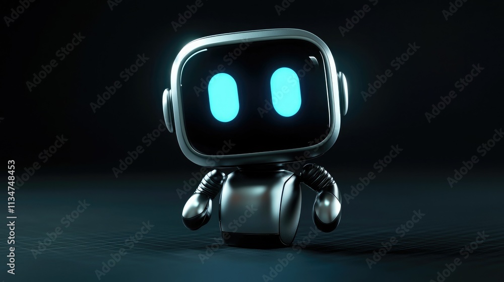 Poster A simple AI robot icon with a sleek metallic finish, displayed on a glowing background, representing artificial intelligence in a tech-driven world.