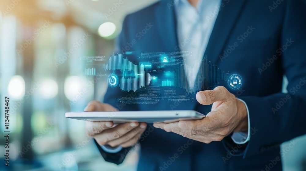 Leinwandbilder a businessman holds a tablet displaying digital data and analytics in a modern setting.