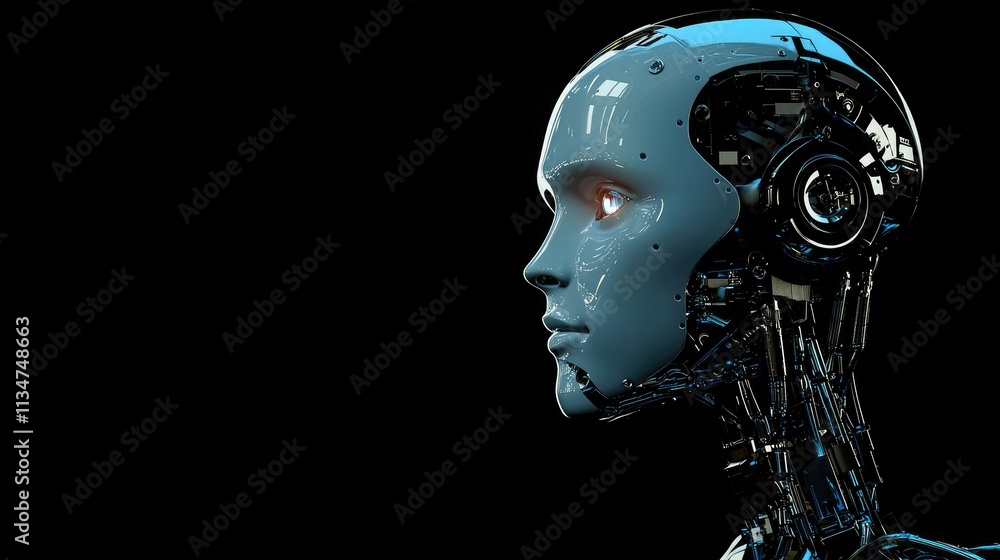 Poster a robotic head with smooth metallic features and glowing eyes, symbolizing intelligence and precisio