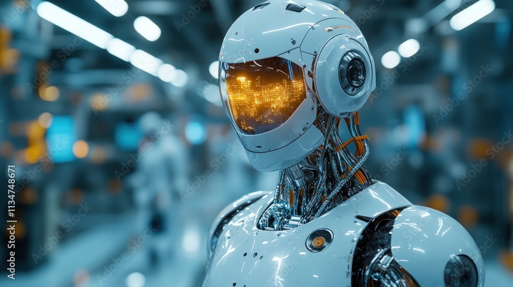 Poster a futuristic robot with a glowing visor, set in a high-tech industrial environment.