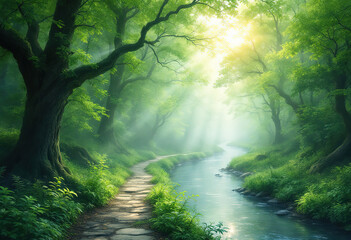 Fototapeta premium Enchanting Forest Path, Sunlight Streams Through Lush Trees