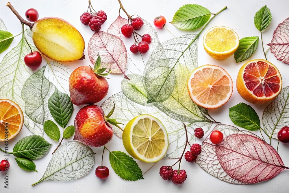 Poster captivating double exposure of fruit line drawings merging with nature elements for artistic vector 