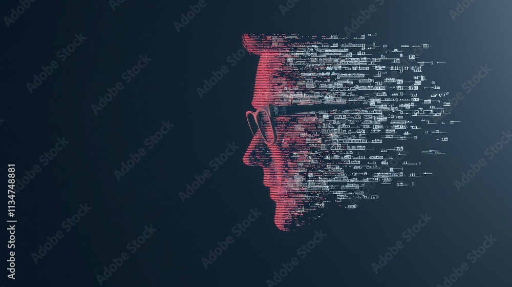 Poster a digital representation of a human face composed of data elements, symbolizing technology and ident