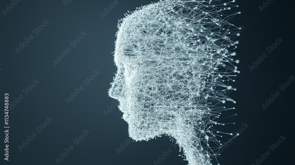 Poster a digital representation of a human head composed of interconnected lines and nodes.