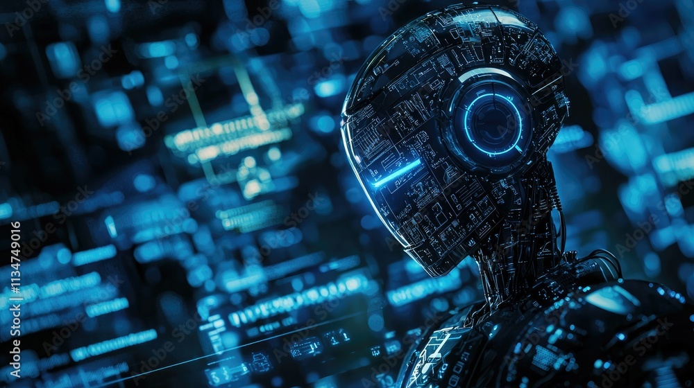 Poster A futuristic, clean-lined AI robot icon on a digital interface, symbolizing advanced robotics in technology and user-friendly design. 