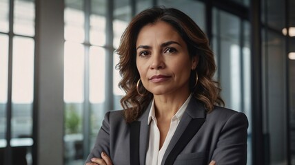 Latin or eastern middle age female ceo leader businesswoman standing in office. Portrait of beautiful successful hispanic young business woman with crossed arms looking confident aside. Copy space