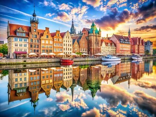 Naklejka premium Captivating Double Exposure of Gdansk City Skyline Reflected on Tranquil River Waters in Poland, Showcasing Historic Architecture and Modern Urban Life in a Stunning Blend