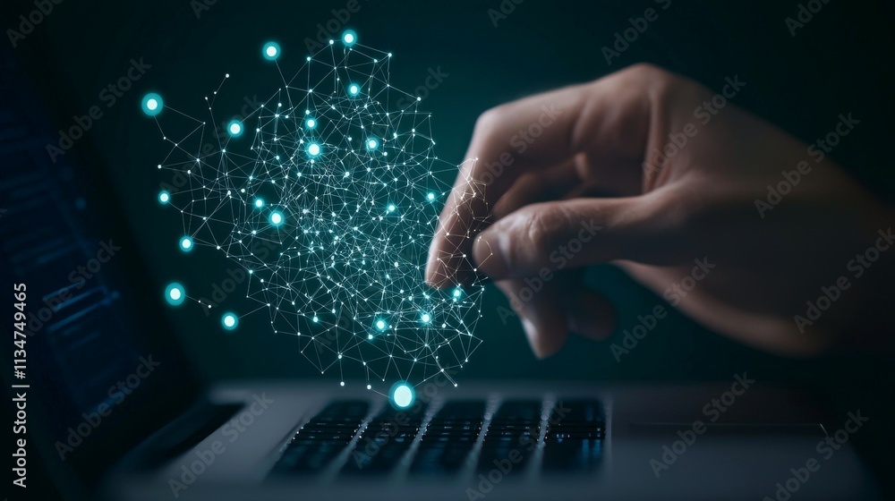 Poster a hand interacts with digital data visualization above a laptop keyboard.