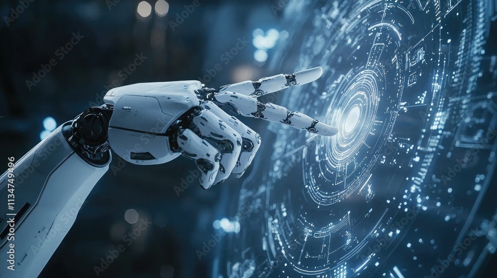 Poster A detailed AI robot arm reaching out to touch a digital holographic interface, emphasizing innovation and robotics in the tech industry. 