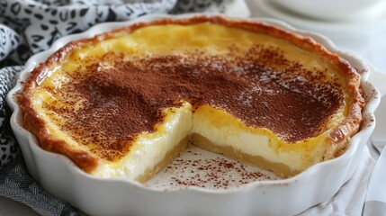 Freshly baked melktert (milk tart) with a dusting of cinnamon on top, served in a white ceramic dish with a slice removed to reveal the creamy custard filling.